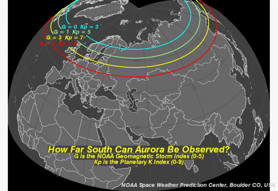 Map of Europe and Asia, showing aurora range based on Kp level 