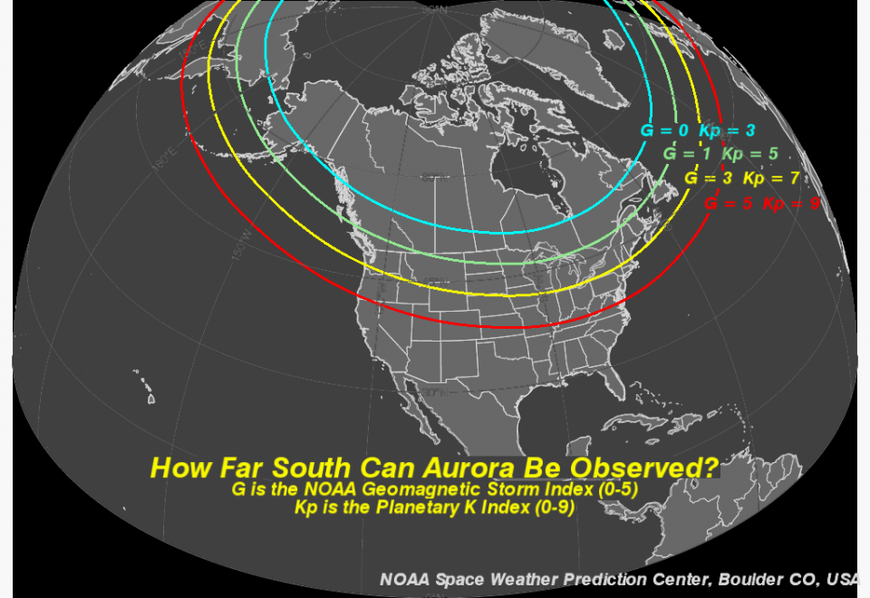Map of North America, showing aurora range based on Kp level 