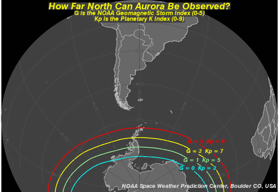 Map of South America, showing aurora range based on Kp level 