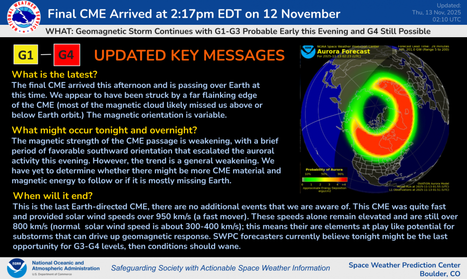 G1-G3 Still Likely Tonight, 12 Nov, with G4 Still Possible