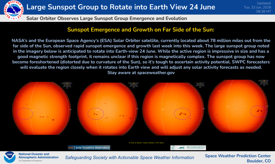 Large Sunspot Group to Rotate into Earth View 24 June