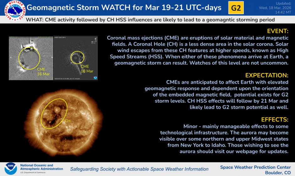 G2 Watch for 19-21 March due to CME and CH HSS Effects