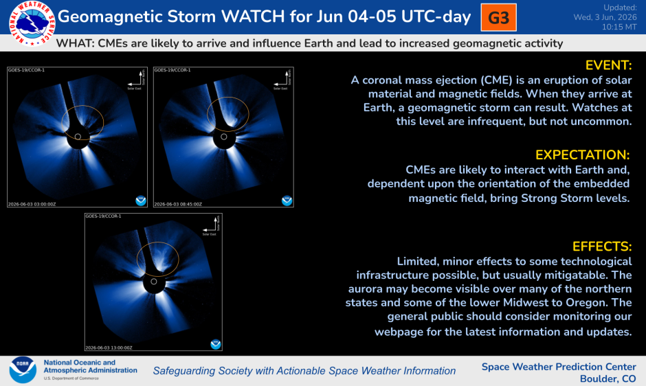 A slide describing the G3 watch in effect with pictures of 3 CMEs.