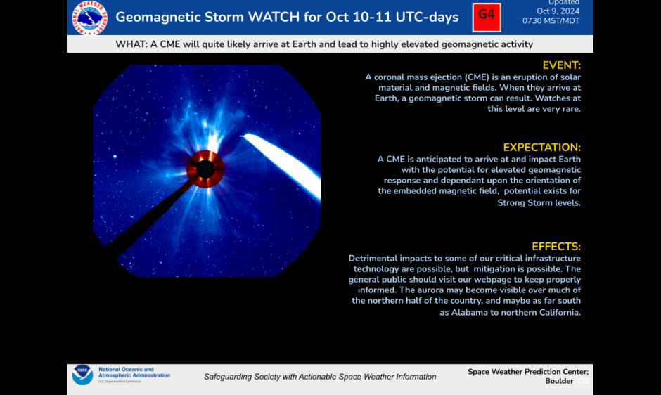 G4 Geomagnetic Storm Watch with coronagraph image