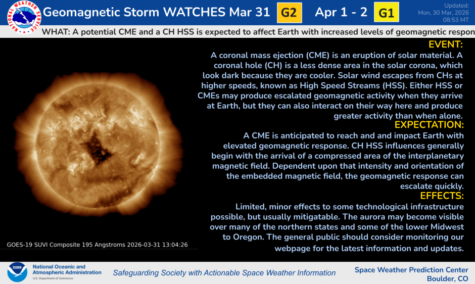 A G2 Watch is in effect for March 31 due to the anticipated arrival of a CME, and a G1 Watch is in effect for April 1st and 2nd due to the anticipated arrival of a coronal hole high speed stream.