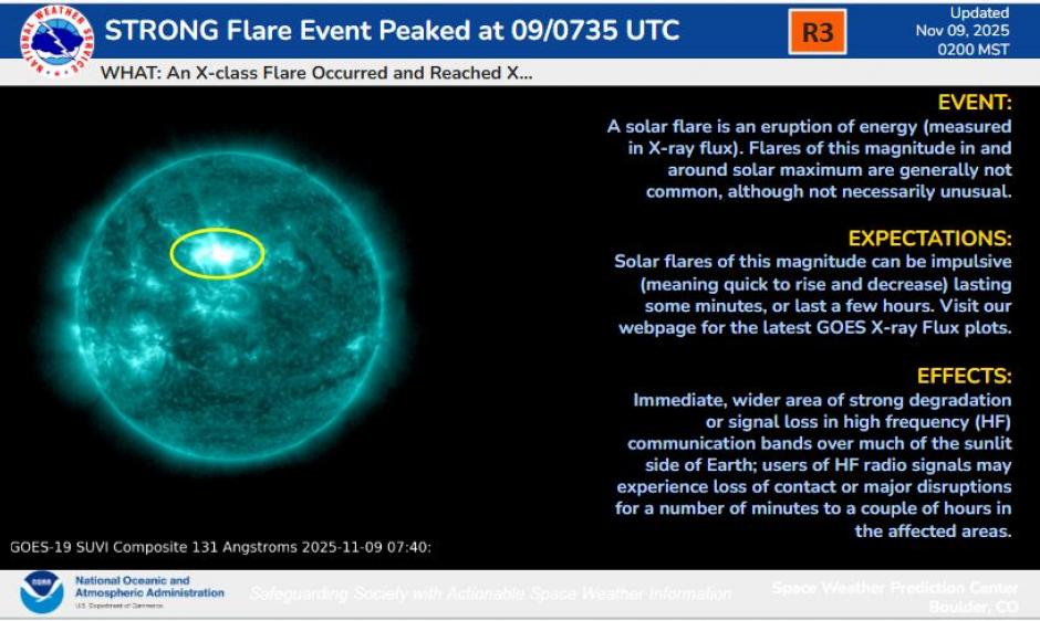 R3 Strong flare information. SUVI 131 image showing X flare in progress