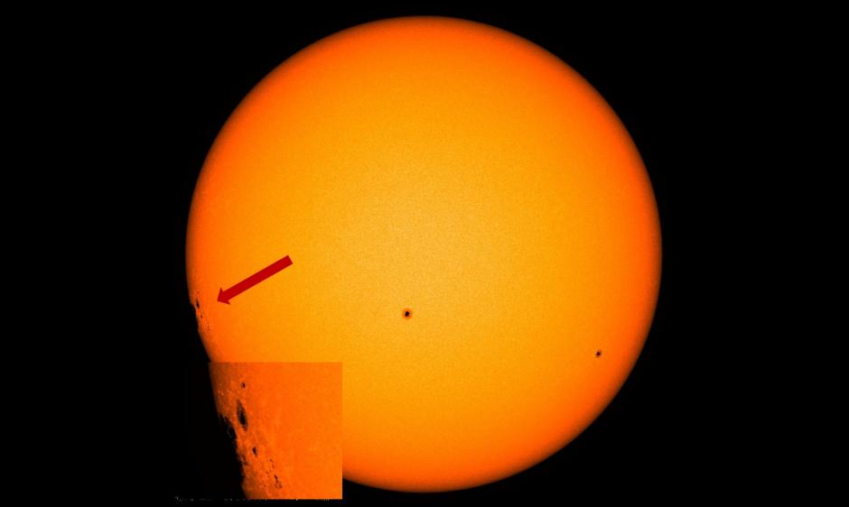 Picture of sunspots rotating onto the visible disk of the Sun 