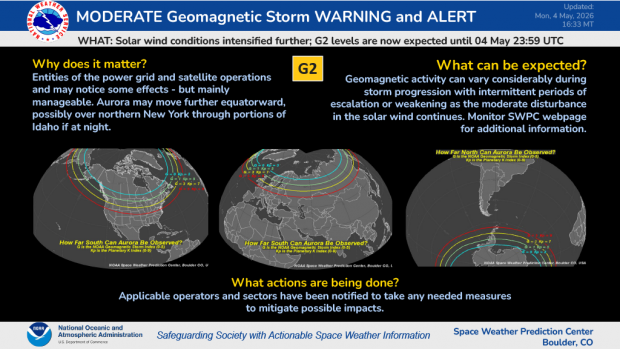 A G2 Warning was issued through 23:59 UTC on 04 May due to the passage of a magnetic transient likely associated with an eruption that left the Sun on 30 April.