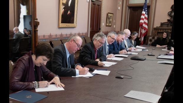 Signing of the Memorandum of Agreement for Space Weather Research-to-Operations-to-Research Collaboration, Eisenhower Executive Office Building, Washington, D.C., Dec. 7, 2023.
