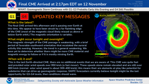G1-G3 Still Likely Tonight, 12 Nov, with G4 Still Possible