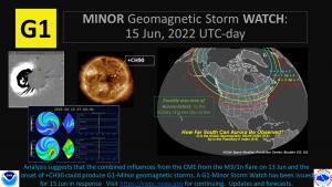 G1 Watch issued for 15 Jun, CME in Lasco COR2, SUVI 193 image, latest CME Enlil run