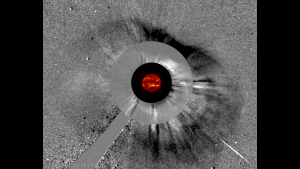 Earth-directed CME as viewed at 21 Apr 1848 UTC by the LASCO Coronagraph aboard NASA's Solar and Heliospheric Observatory spacecraft.