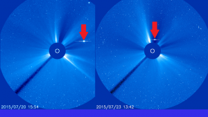 SOHO/LASCO C3 Coronagraph Image of a bright dot moving across the field of view.