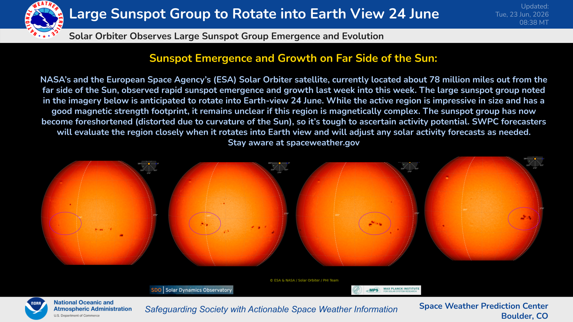 Large Sunspot Group to Rotate into Earth View 24 June