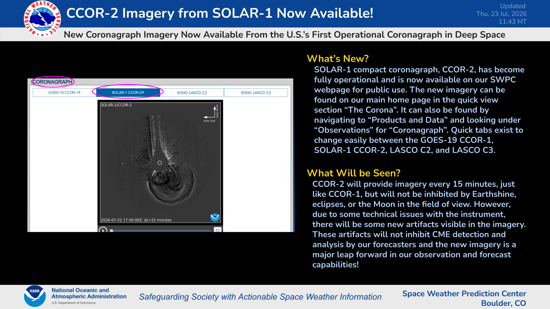 SOLAR-1 CCOR-2 Now Fully Operational and on Our Webpage