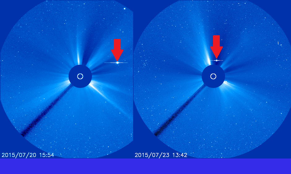 SOHO/LASCO C3 Coronagraph Image of a bright dot moving across the field of view.